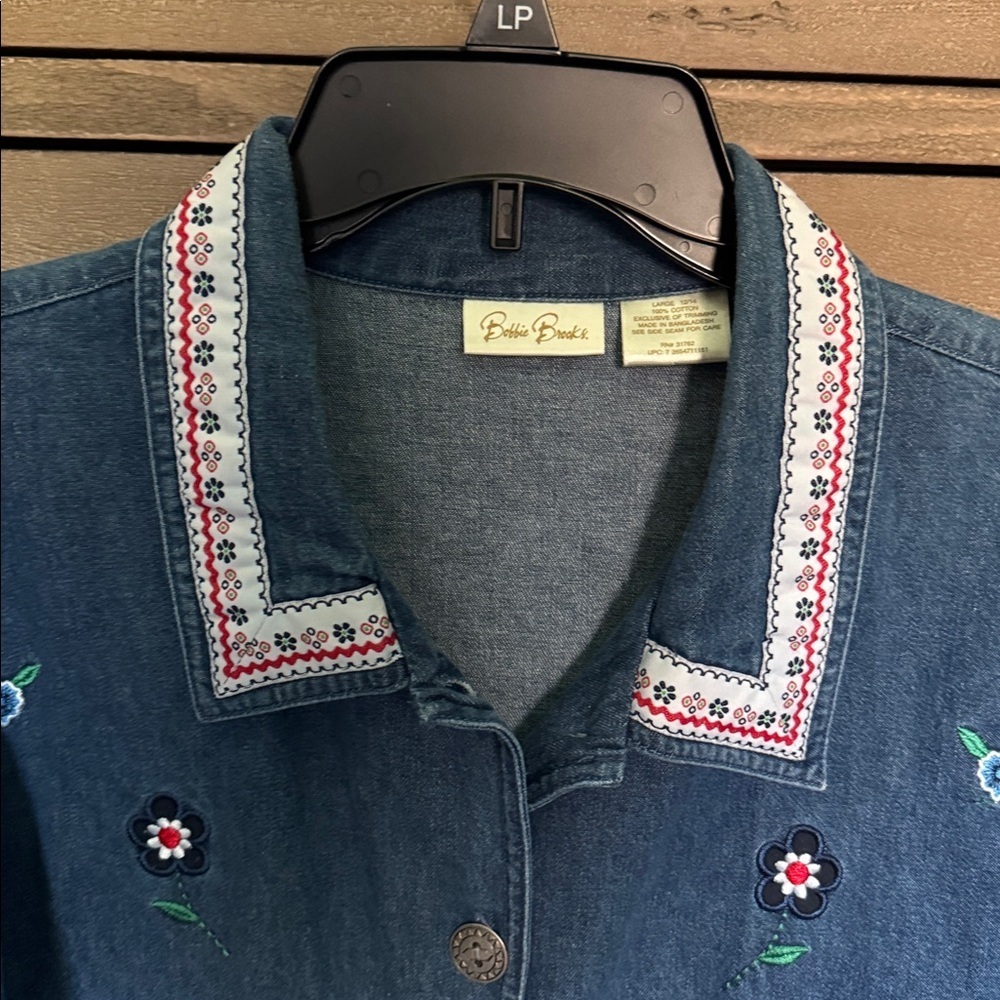 VTG 90s Bobbie Brooks Button down Denim Shirt jacket Womens L Granny core Floral - Picture 3 of 10